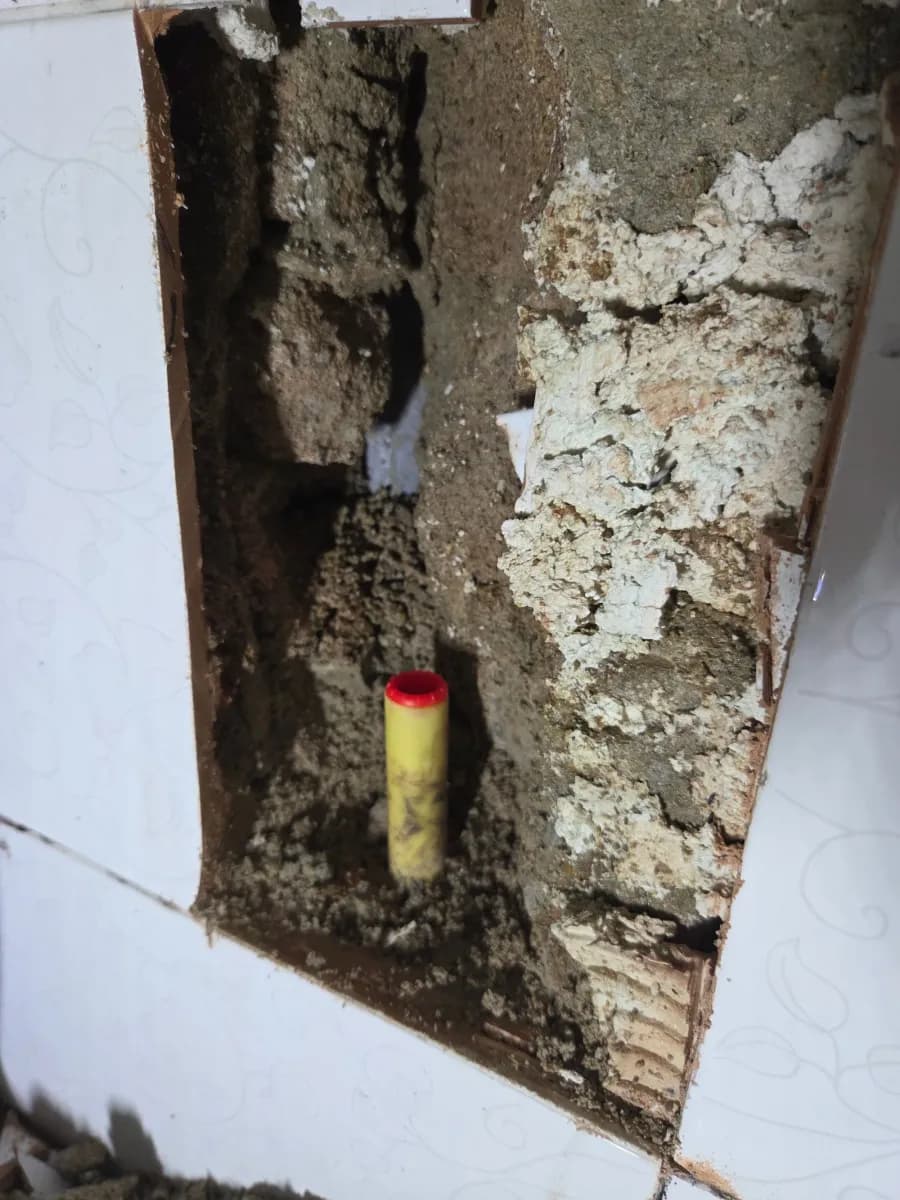 새는 자리만 열어 밸브를 바꾸고 타일을 다시 붙인 화장실 벽 — 시공 전